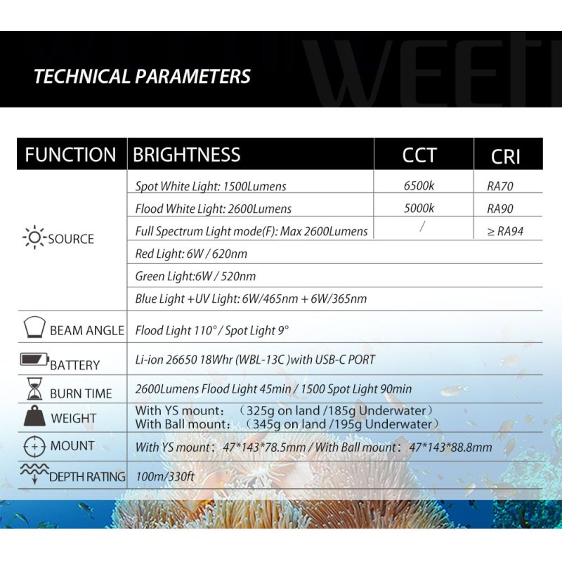 Weefine Smart Focus 2600 Diving Video Light