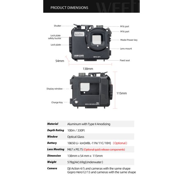 WeeFine WFH-GP1 Action Camera Dive Housing
