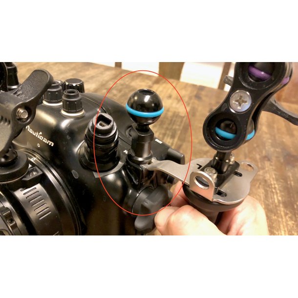 M10 Blitz-Kugelkopfadapter f�r Geh�use (mit Befestigung f�r Tragegurt)